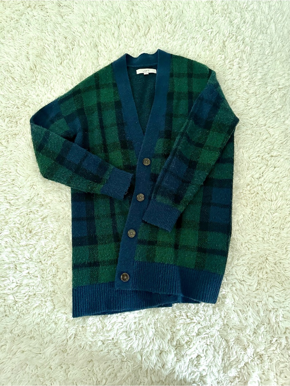LOFT Green & Navy Plaid Button-Front Cardigan